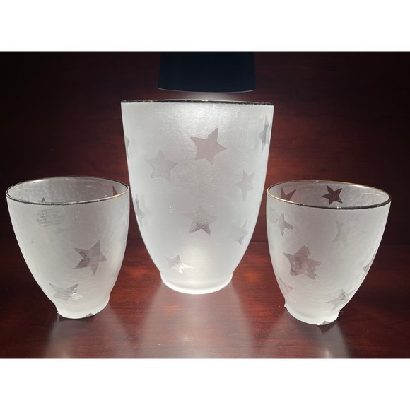 Set of 3 Frosted Votive Star Pattern 2- Candle Holders & Large Vase w/ Gold Rim - Picture 1 of 11